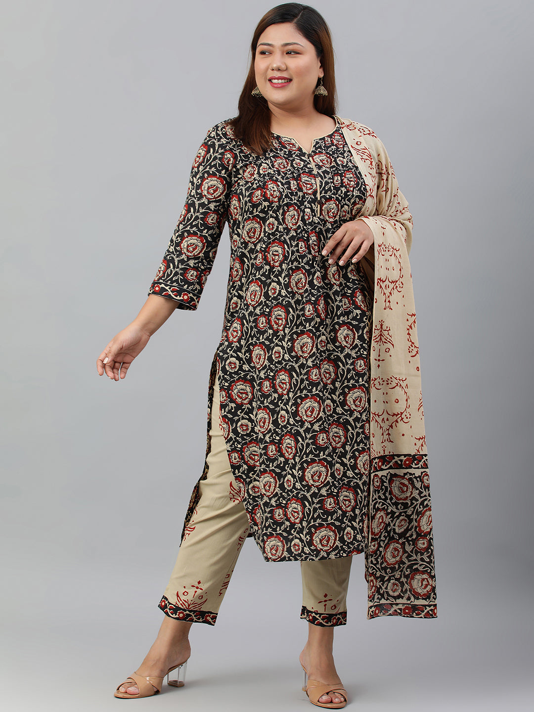 Janasya XL LOVE by Janasya Women's Plus Size Black Cotton Kurta With Pant and Dupatta | Grocsy