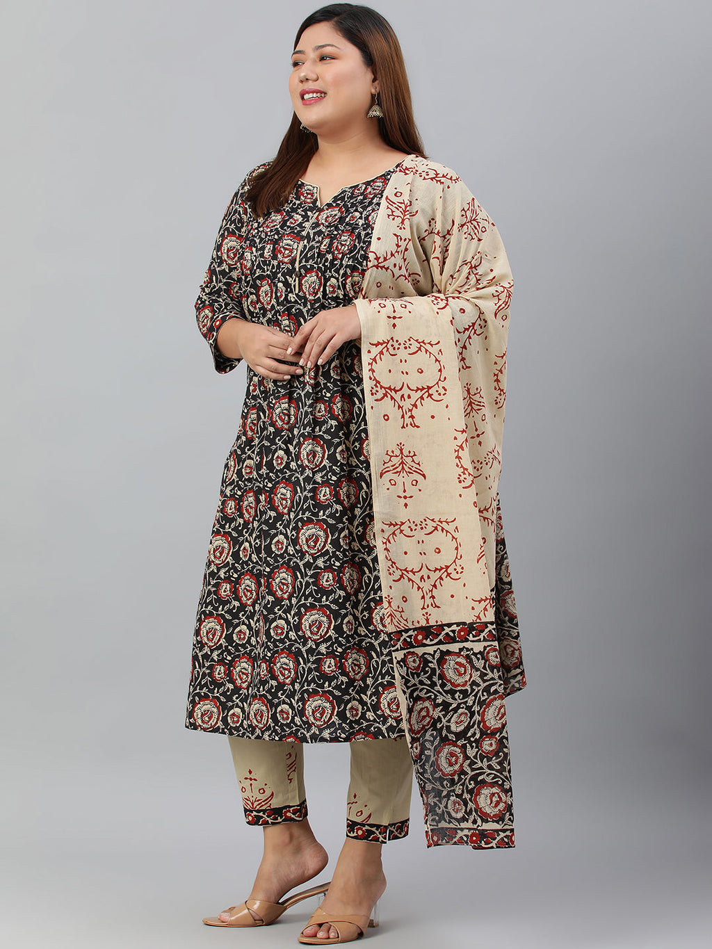 Janasya XL LOVE by Janasya Women's Plus Size Black Cotton Kurta With Pant and Dupatta | Grocsy