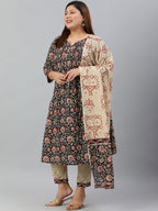 Janasya XL LOVE by Janasya Women's Plus Size Black Cotton Kurta With Pant and Dupatta | Grocsy