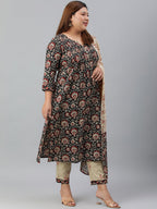 Janasya XL LOVE by Janasya Women's Plus Size Black Cotton Kurta With Pant and Dupatta | Grocsy