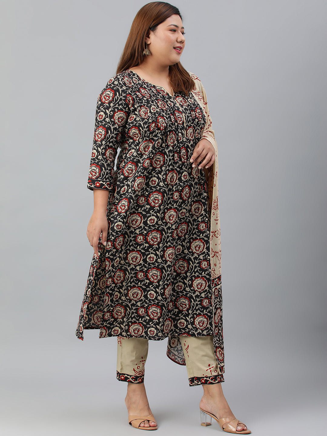 Janasya XL LOVE by Janasya Women's Plus Size Black Cotton Kurta With Pant and Dupatta | Grocsy