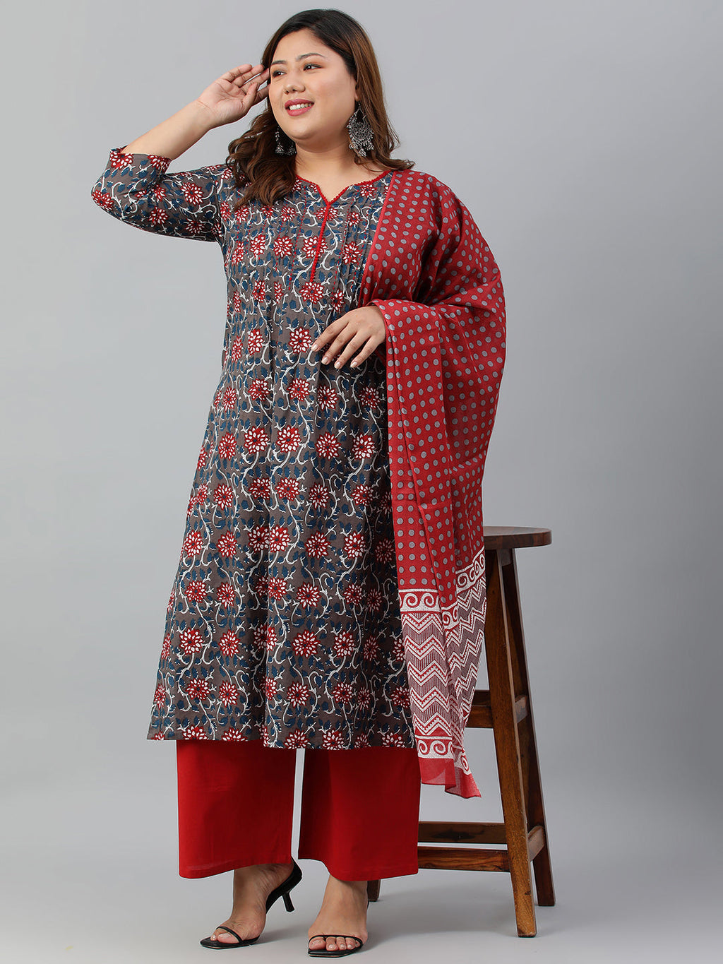 Janasya XL LOVE by Janasya Women's Plus Size Grey Cotton Kurta With Palazzo and Dupatta | Grocsy