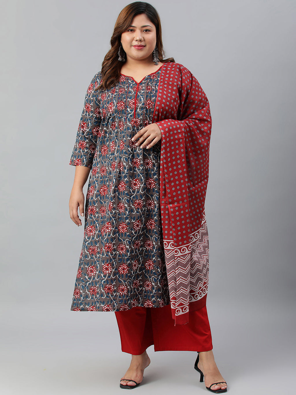 Janasya XL LOVE by Janasya Women's Plus Size Grey Cotton Kurta With Palazzo and Dupatta | Grocsy