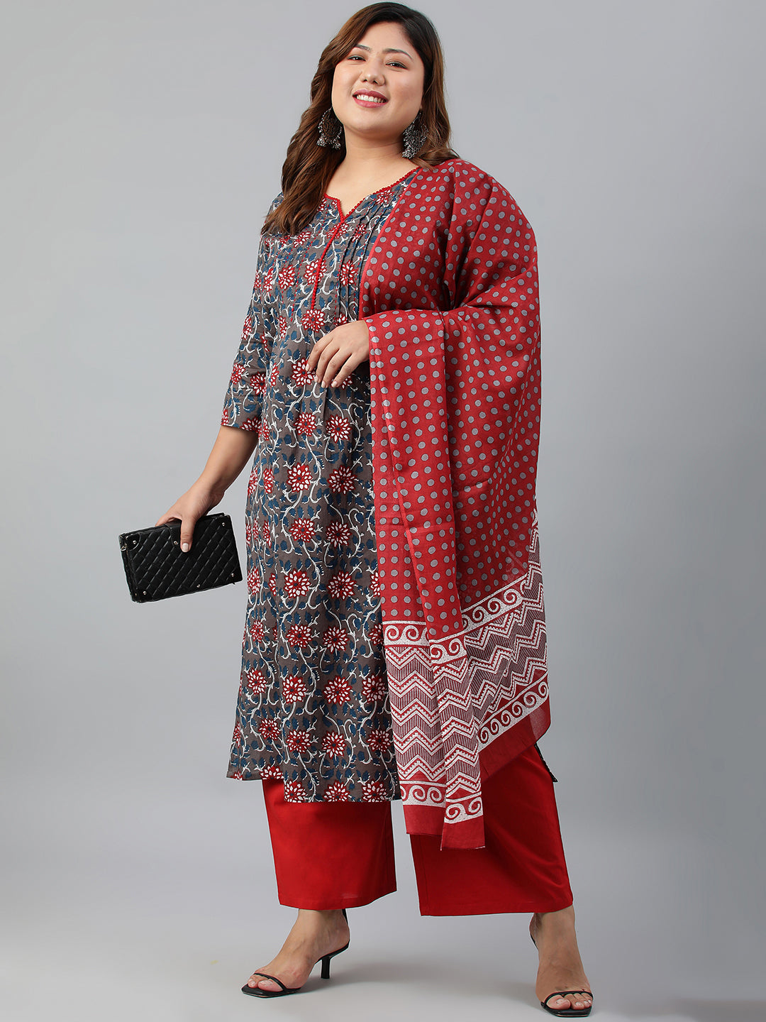 Janasya XL LOVE by Janasya Women's Plus Size Grey Cotton Kurta With Palazzo and Dupatta | Grocsy