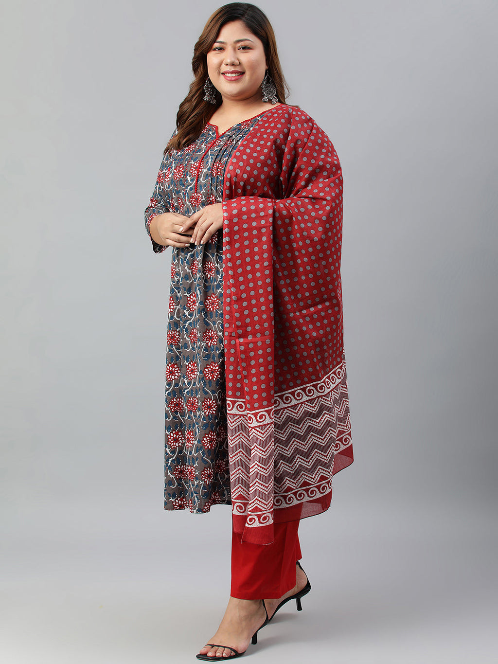 Janasya XL LOVE by Janasya Women's Plus Size Grey Cotton Kurta With Palazzo and Dupatta | Grocsy