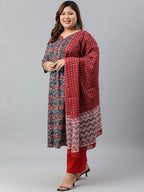 Janasya XL LOVE by Janasya Women's Plus Size Grey Cotton Kurta With Palazzo and Dupatta | Grocsy