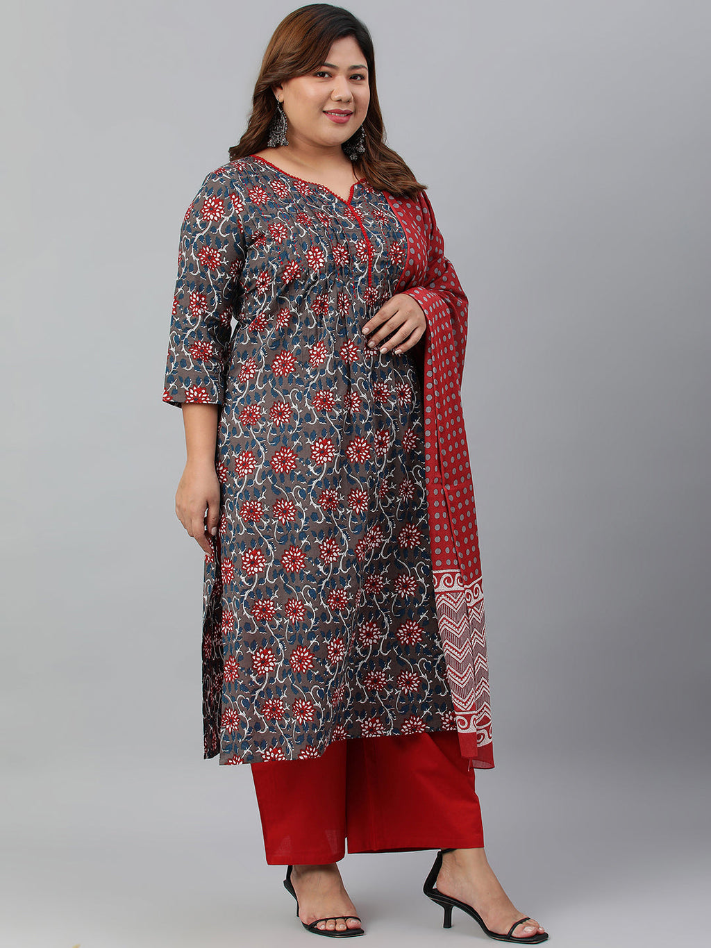 Janasya XL LOVE by Janasya Women's Plus Size Grey Cotton Kurta With Palazzo and Dupatta | Grocsy