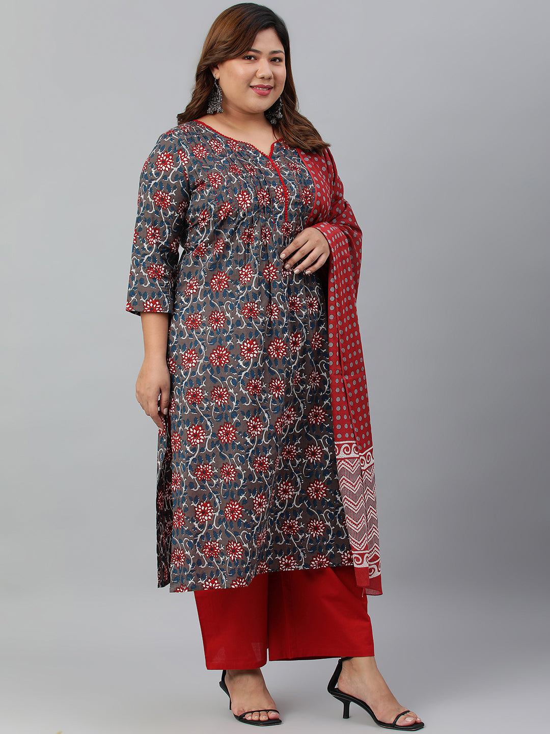 Janasya XL LOVE by Janasya Women's Plus Size Grey Cotton Kurta With Palazzo and Dupatta | Grocsy
