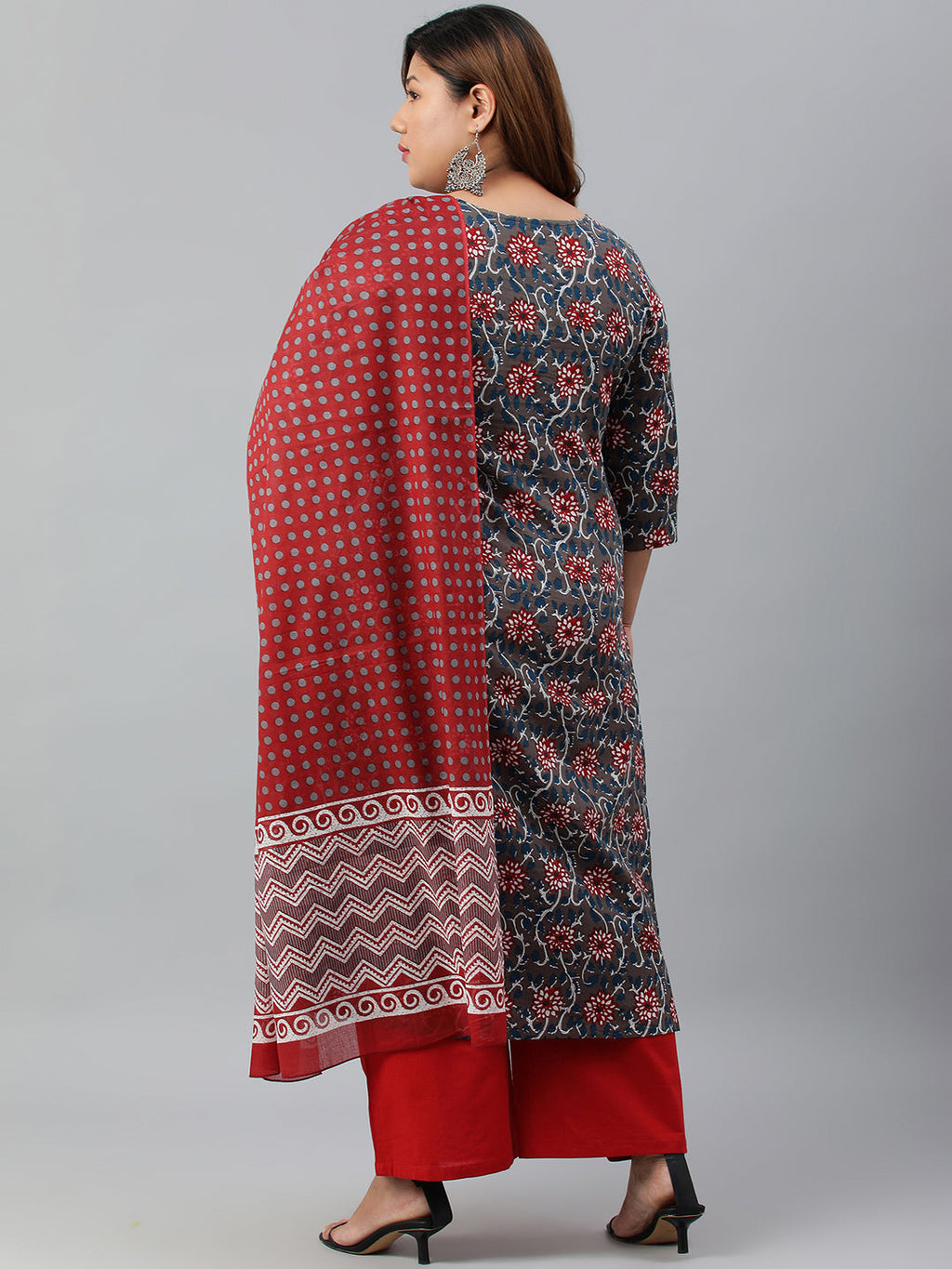 Janasya XL LOVE by Janasya Women's Plus Size Grey Cotton Kurta With Palazzo and Dupatta | Grocsy