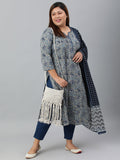 Janasya XL LOVE by Janasya Women's Plus Size Grey Cotton Kurta With Pant and Dupatta | Grocsy