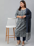 Janasya XL LOVE by Janasya Women's Plus Size Grey Cotton Kurta With Pant and Dupatta | Grocsy
