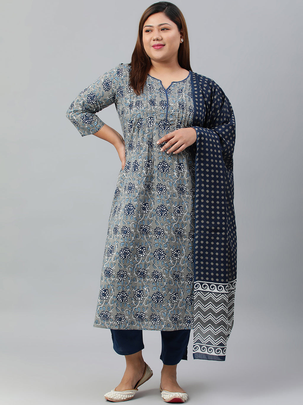 Janasya XL LOVE by Janasya Women's Plus Size Grey Cotton Kurta With Pant and Dupatta | Grocsy