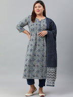 Janasya XL LOVE by Janasya Women's Plus Size Grey Cotton Kurta With Pant and Dupatta | Grocsy