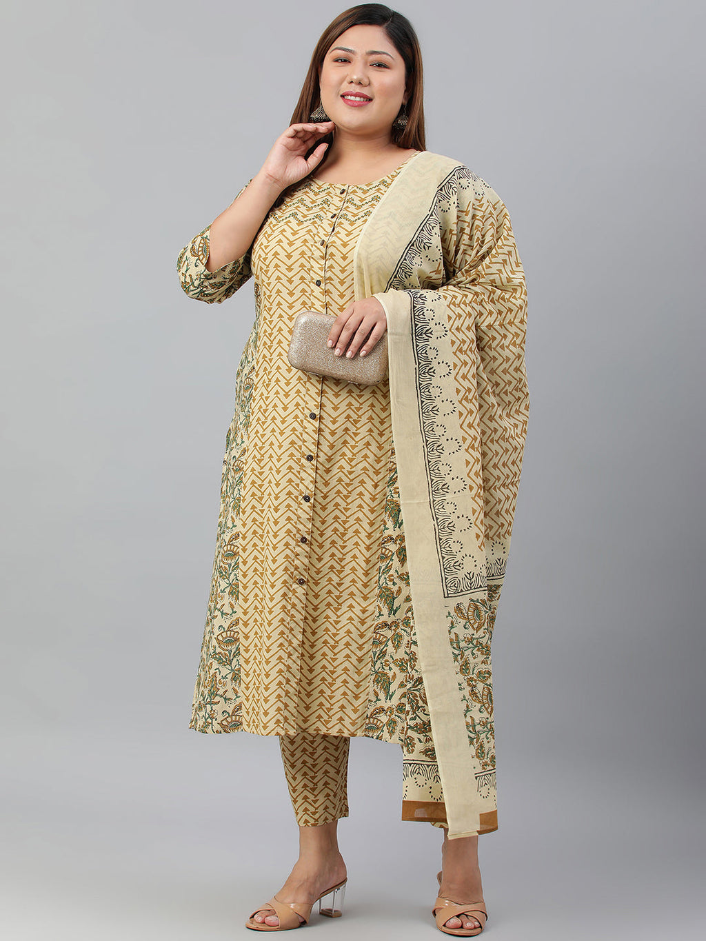 Janasya XL LOVE by Janasya Women's Plus Size Beige Cotton Kurta With Pant and Dupatta | Grocsy