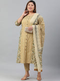 Janasya XL LOVE by Janasya Women's Plus Size Beige Cotton Kurta With Pant and Dupatta | Grocsy