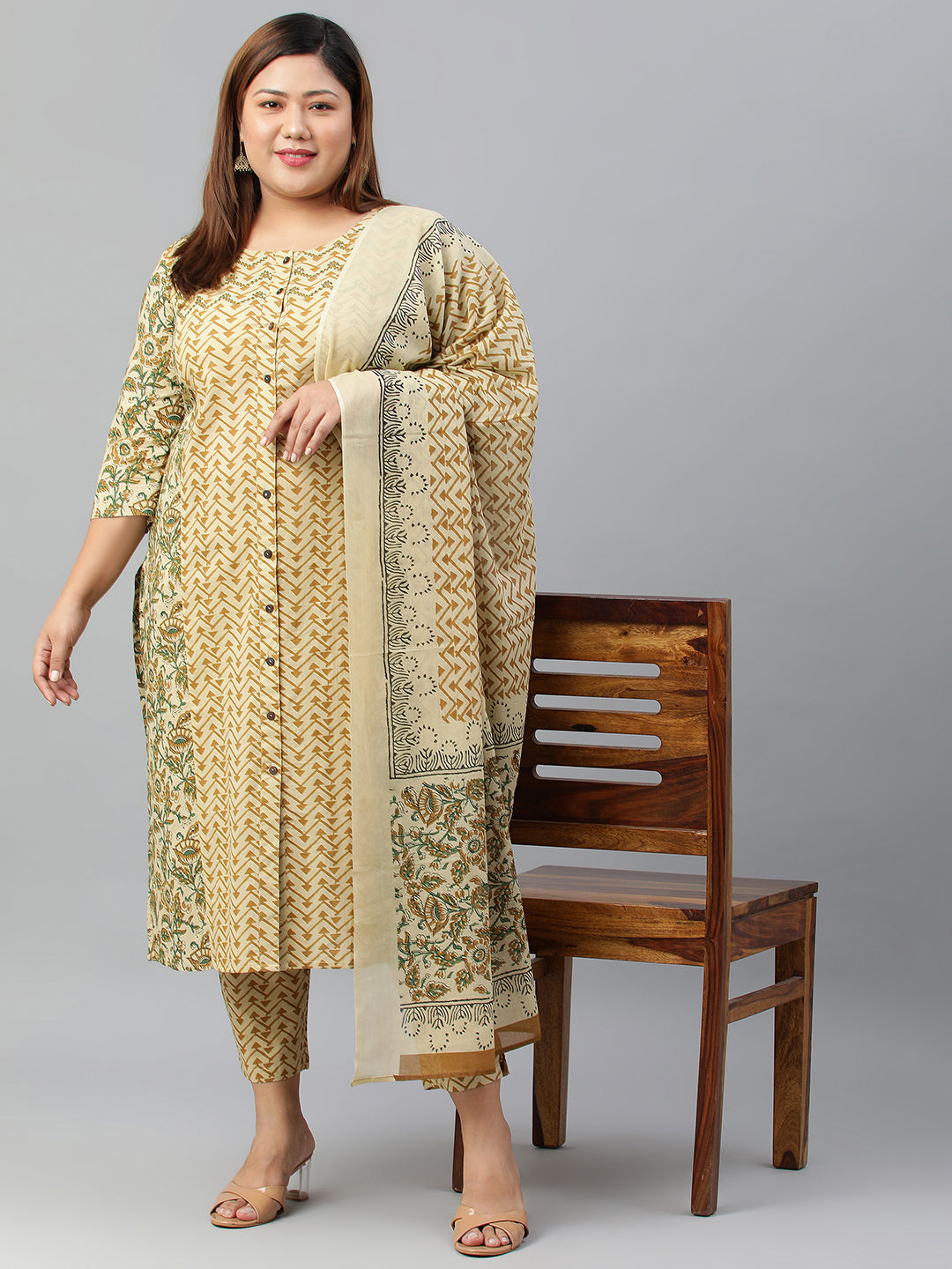 Janasya XL LOVE by Janasya Women's Plus Size Beige Cotton Kurta With Pant and Dupatta | Grocsy