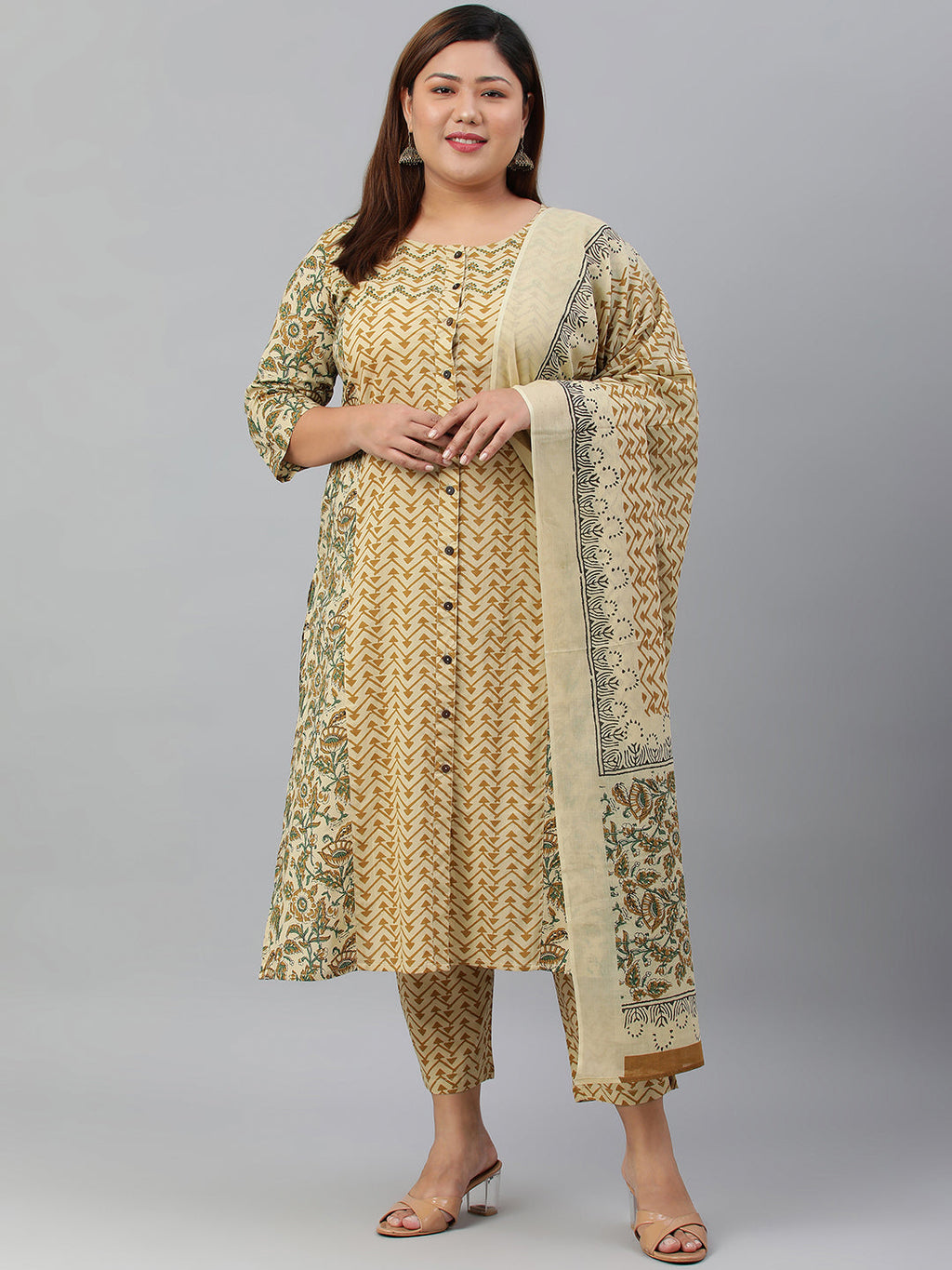 Janasya XL LOVE by Janasya Women's Plus Size Beige Cotton Kurta With Pant and Dupatta | Grocsy