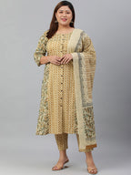 Janasya XL LOVE by Janasya Women's Plus Size Beige Cotton Kurta With Pant and Dupatta | Grocsy
