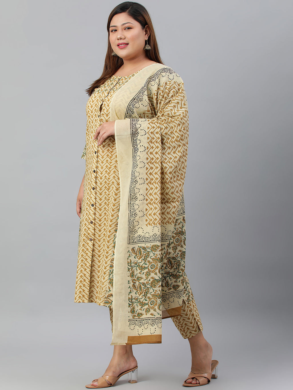 Janasya XL LOVE by Janasya Women's Plus Size Beige Cotton Kurta With Pant and Dupatta | Grocsy