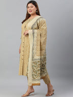 Janasya XL LOVE by Janasya Women's Plus Size Beige Cotton Kurta With Pant and Dupatta | Grocsy