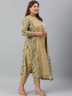 Janasya XL LOVE by Janasya Women's Plus Size Beige Cotton Kurta With Pant and Dupatta | Grocsy
