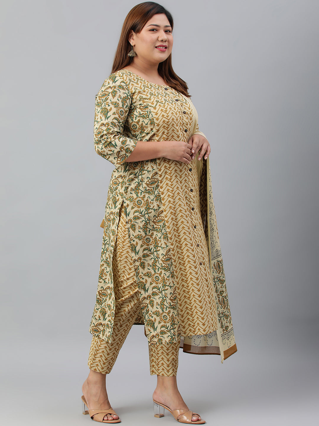 Janasya XL LOVE by Janasya Women's Plus Size Beige Cotton Kurta With Pant and Dupatta | Grocsy