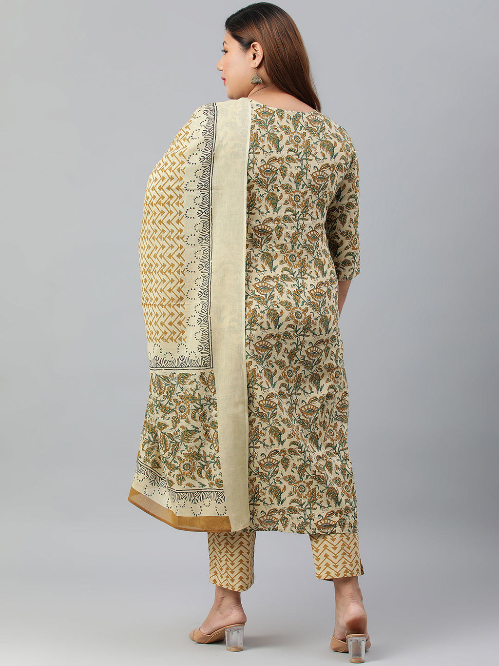 Janasya XL LOVE by Janasya Women's Plus Size Beige Cotton Kurta With Pant and Dupatta | Grocsy