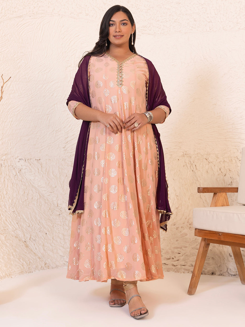 Janasya Peach Georgette Foil Printed Set | Grocsy