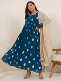 Janasya Teal Blue Georgette Foil Printed Set | Grocsy