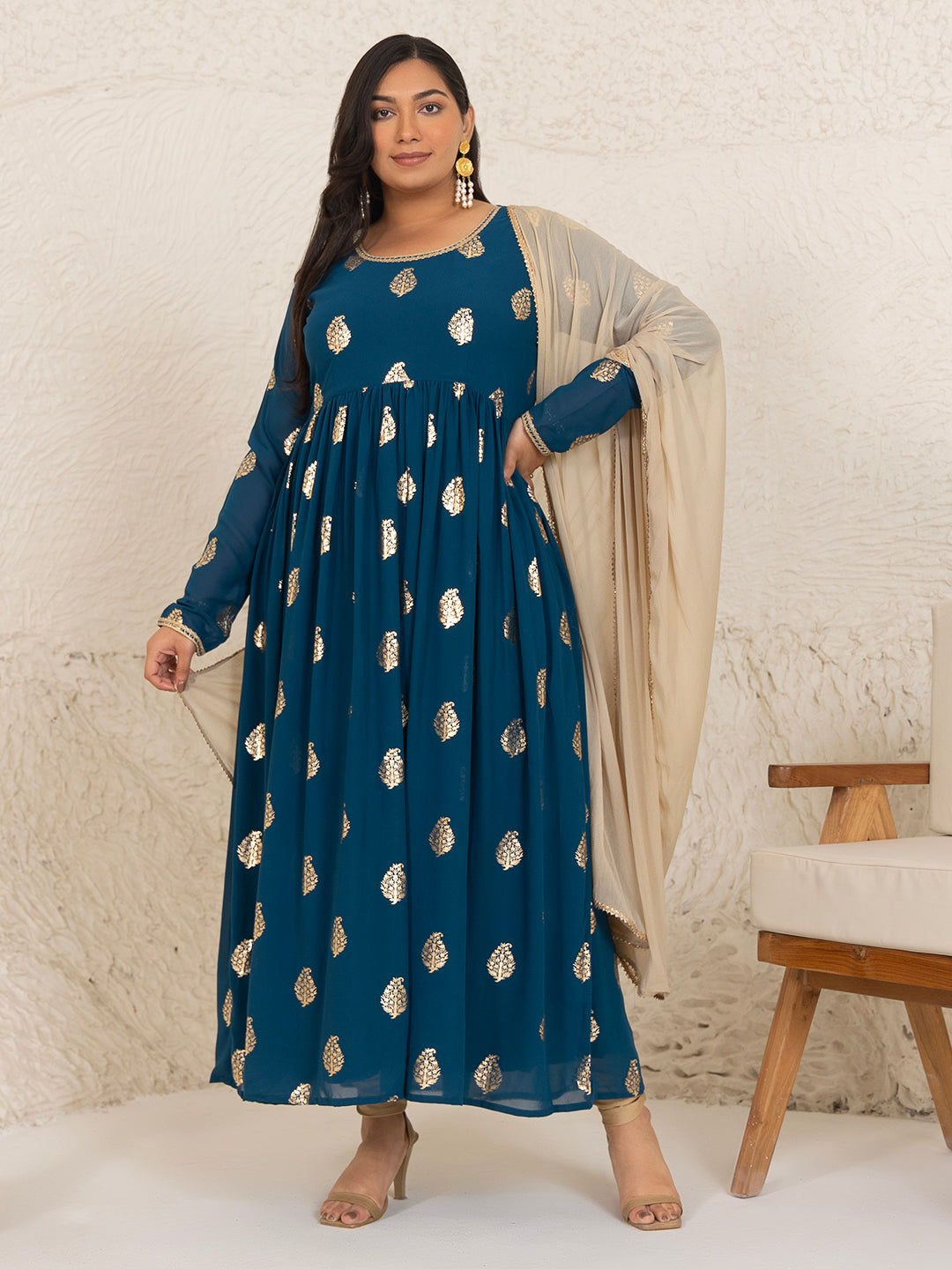Janasya Teal Blue Georgette Foil Printed Set | Grocsy