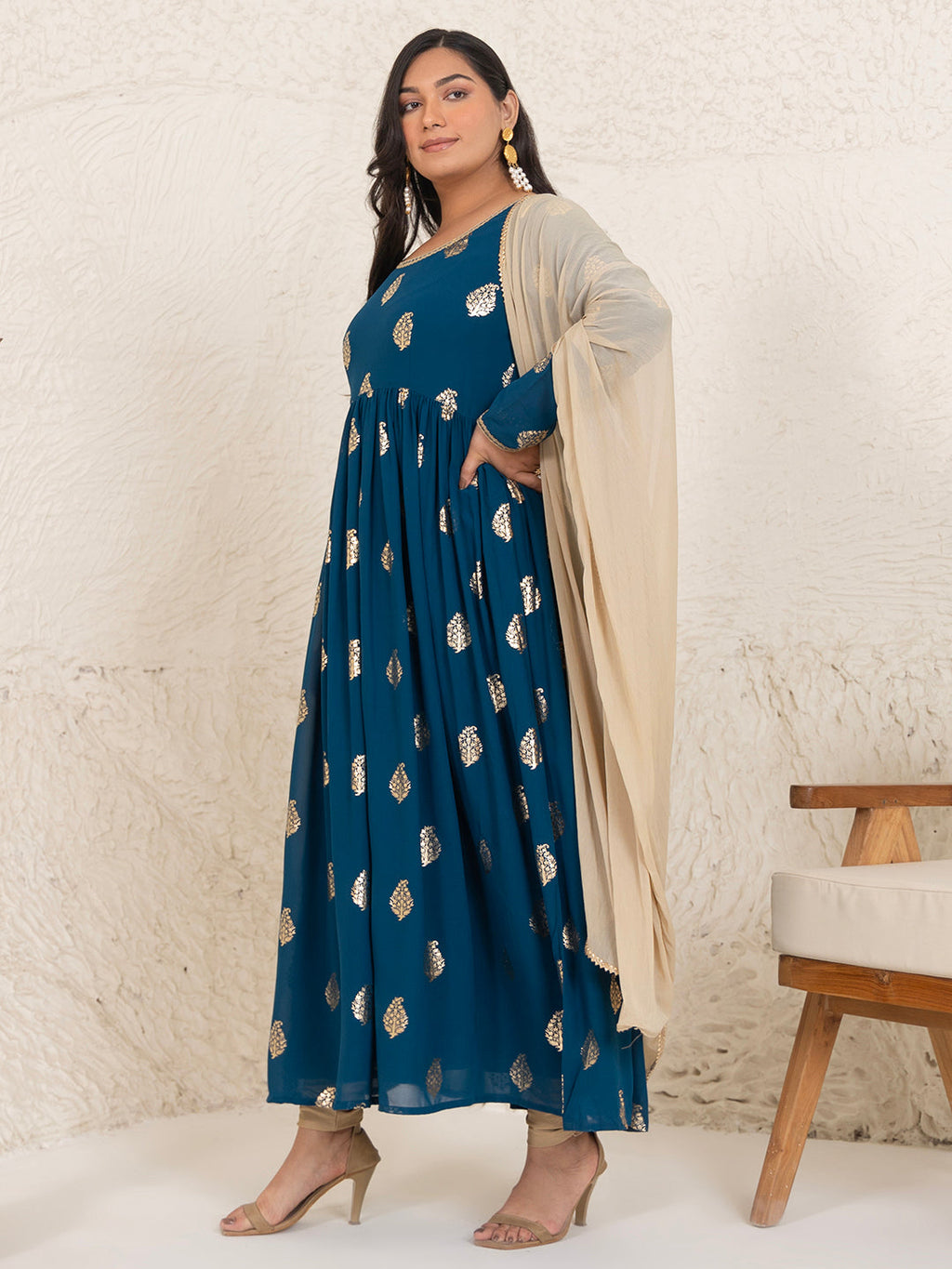 Janasya Teal Blue Georgette Foil Printed Set | Grocsy