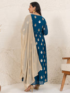 Janasya Teal Blue Georgette Foil Printed Set | Grocsy