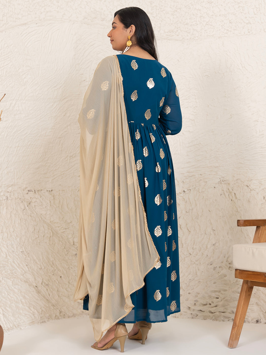Janasya Teal Blue Georgette Foil Printed Set | Grocsy
