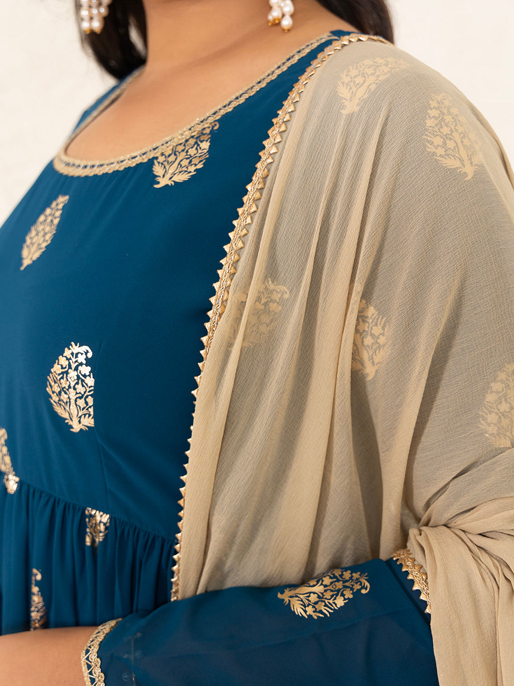 Janasya Teal Blue Georgette Foil Printed Set | Grocsy