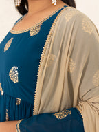 Janasya Teal Blue Georgette Foil Printed Set | Grocsy