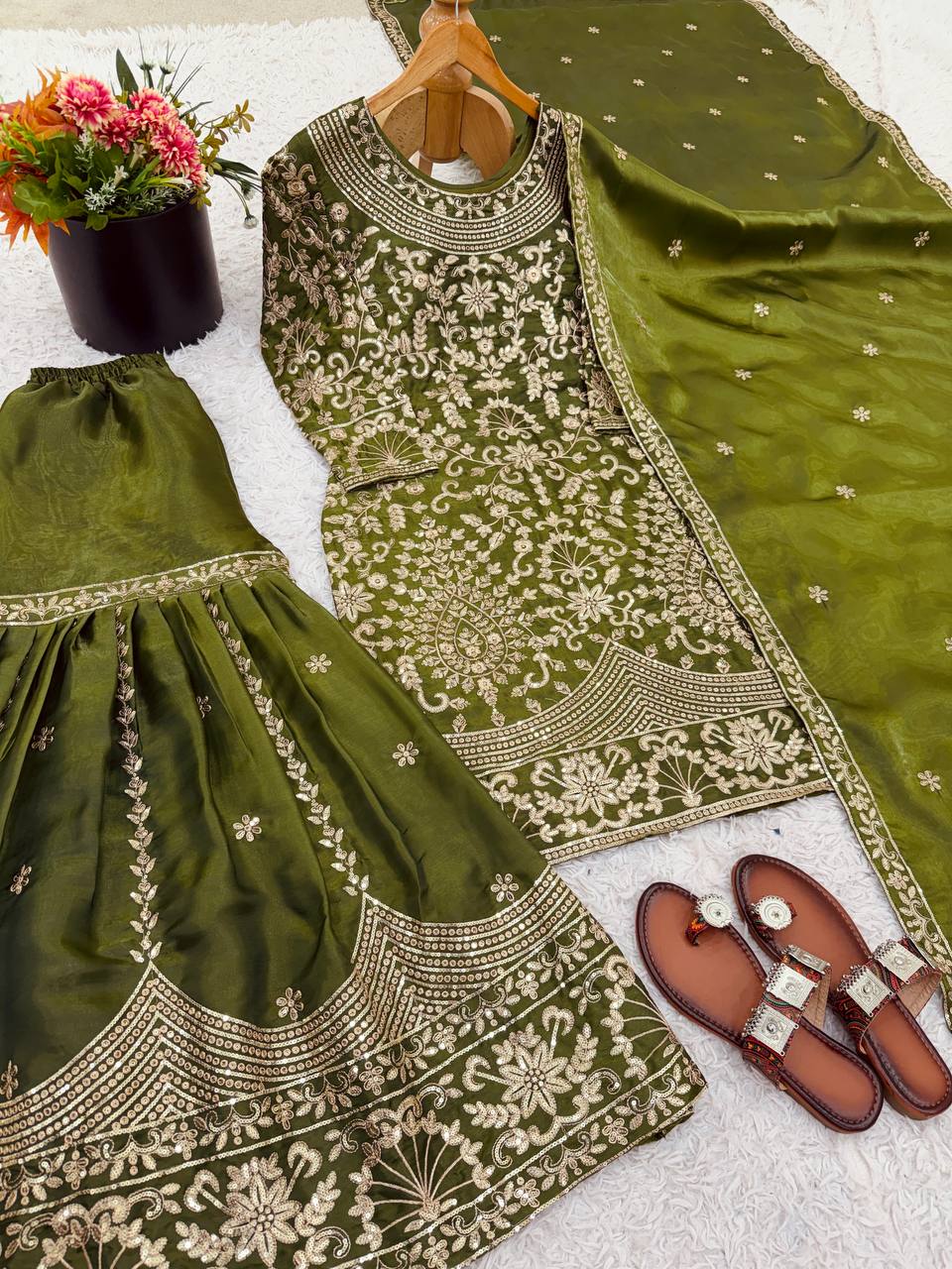 Prazu Fashion Mahendi Jimmy Silk Sequin Embroidered Sharara Suit | Grocsy