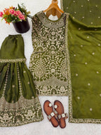 Prazu Fashion Mahendi Jimmy Silk Sequin Embroidered Sharara Suit | Grocsy