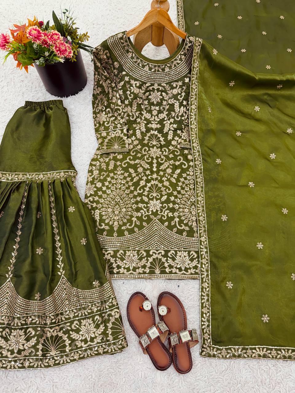 Prazu Fashion Mahendi Jimmy Silk Sequin Embroidered Sharara Suit | Grocsy