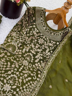 Prazu Fashion Mahendi Jimmy Silk Sequin Embroidered Sharara Suit | Grocsy
