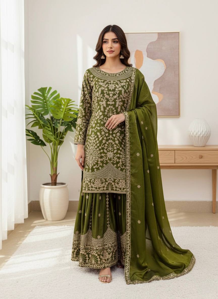Prazu Fashion Mahendi Jimmy Silk Sequin Embroidered Sharara Suit | Grocsy