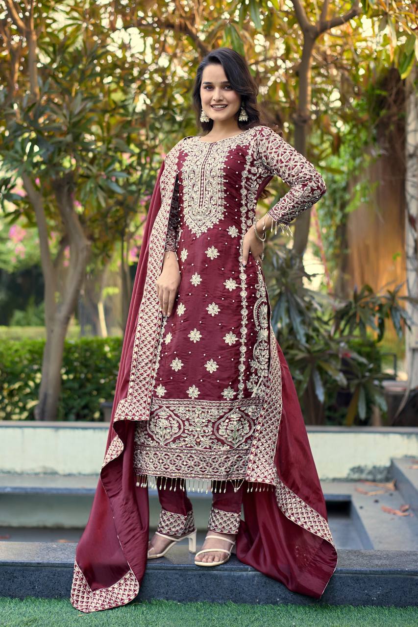 Prazu Fashion Dark Maroon Jimmy Silk Sequin Embroidered Salwar Suit | Grocsy