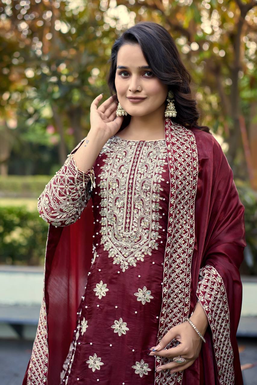 Prazu Fashion Dark Maroon Jimmy Silk Sequin Embroidered Salwar Suit | Grocsy