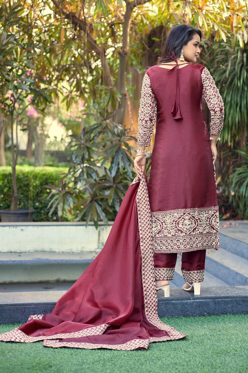 Prazu Fashion Dark Maroon Jimmy Silk Sequin Embroidered Salwar Suit | Grocsy