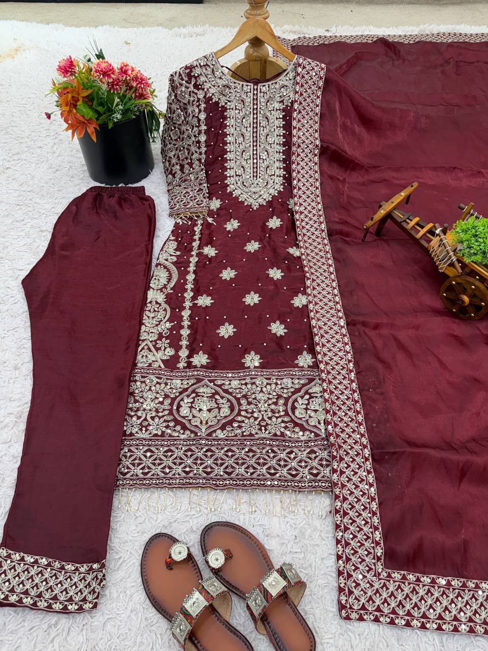 Prazu Fashion Dark Maroon Jimmy Silk Sequin Embroidered Salwar Suit | Grocsy