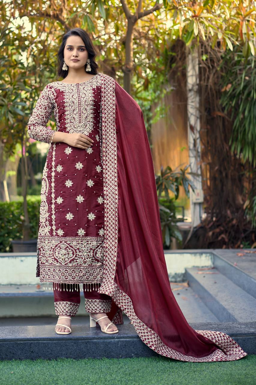 Prazu Fashion Dark Maroon Jimmy Silk Sequin Embroidered Salwar Suit | Grocsy