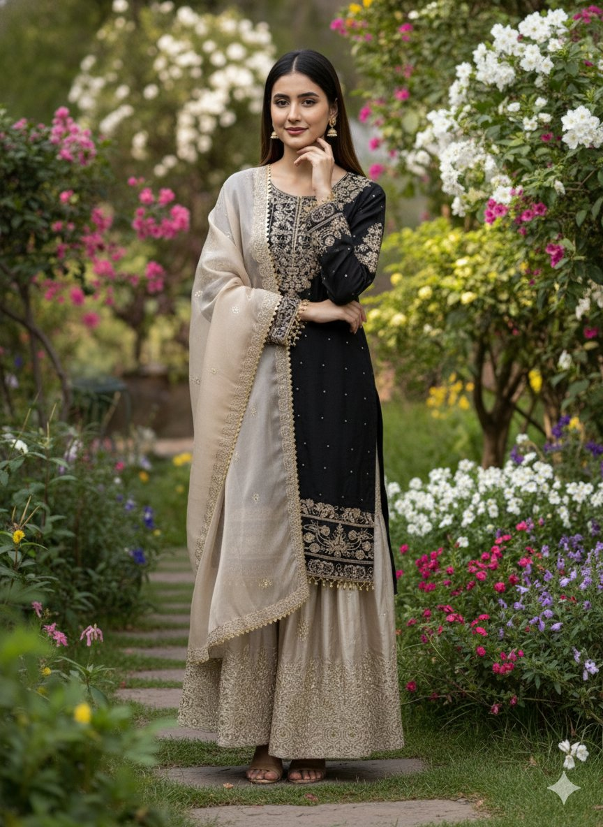 Prazu Fashion Black Jimmy Silk Embroidery Dori Sequence Palazzo Suit | Grocsy