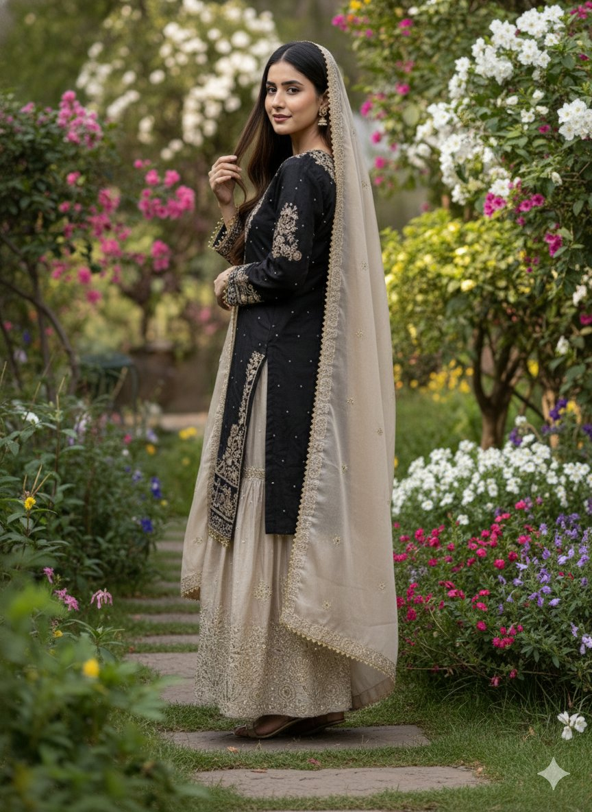 Prazu Fashion Black Jimmy Silk Embroidery Dori Sequence Palazzo Suit | Grocsy