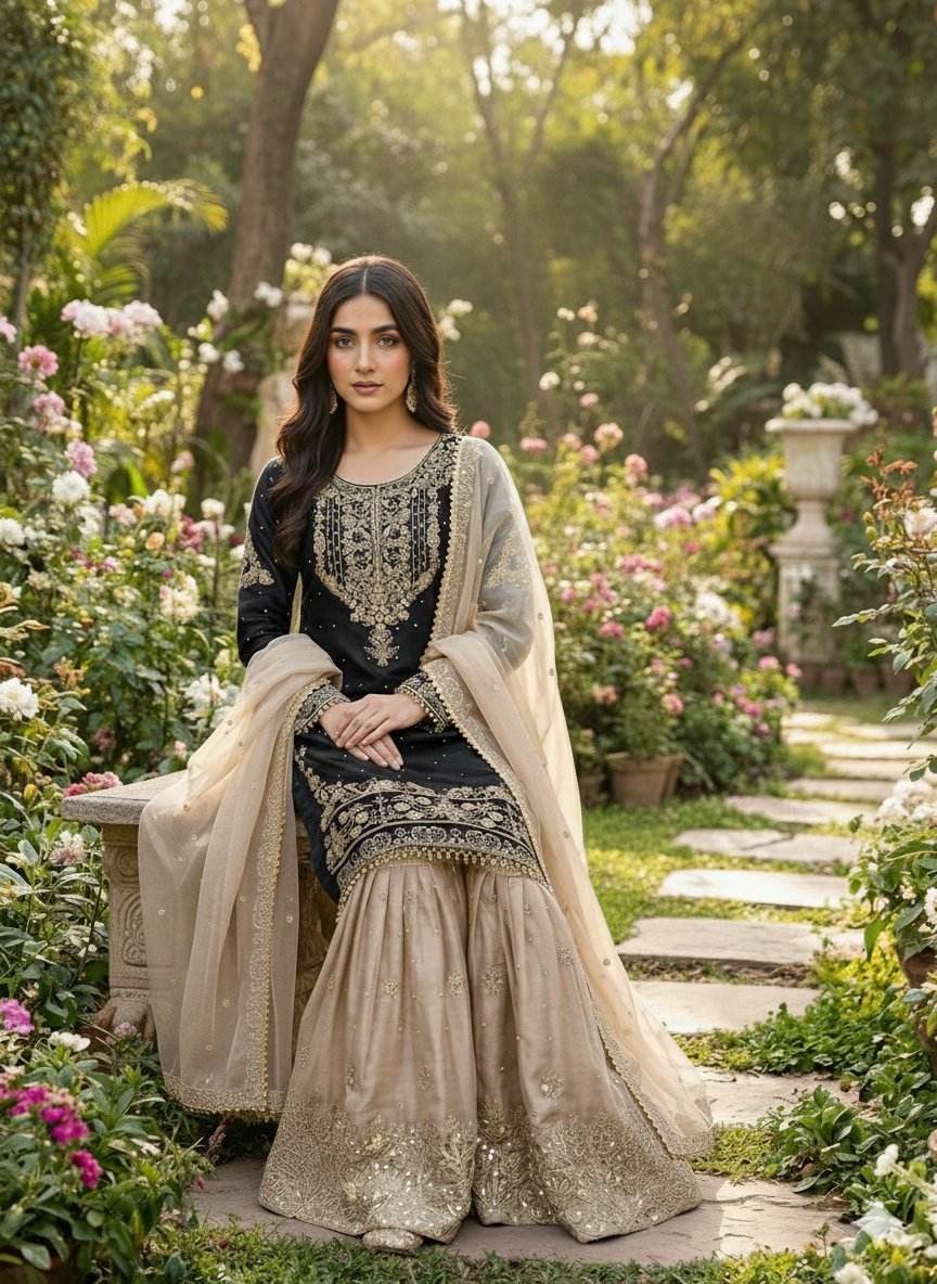 Prazu Fashion Black Jimmy Silk Embroidery Dori Sequence Palazzo Suit | Grocsy