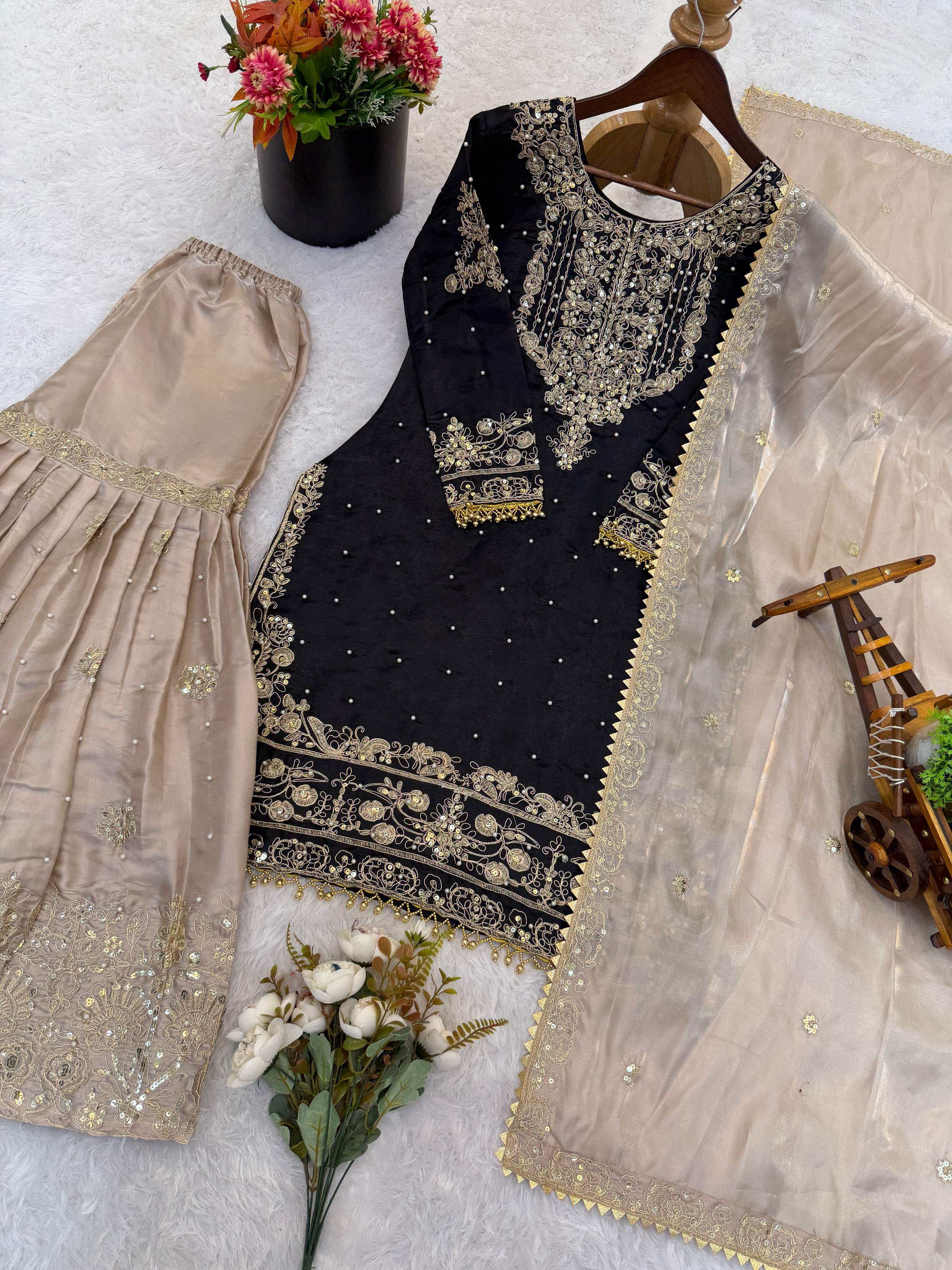 Prazu Fashion Black Jimmy Silk Embroidery Dori Sequence Palazzo Suit | Grocsy