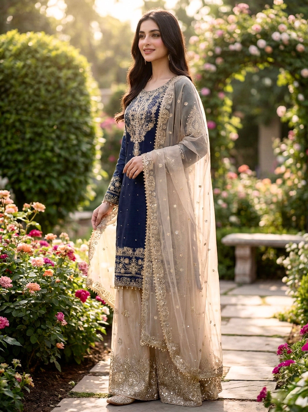 Prazu Fashion Blue Jimmy Silk Embroidery Dori Sequence Palazzo Suit | Grocsy